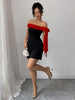 Women Off Shoulder Mini Dress Red Big Bow Spliced Bodycon Short Dresses Elegant Slim Fit Black Little Dress Night Club Party Birthday Outfits Evening