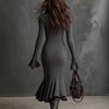 European American Trumpet Dresses Women Solid Autumn Winter Zipper Lapel Flared Sleeve Knitted Fishtail Dress Slim Fit Vestidos