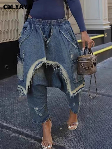 Women Streetwear Ripped Out Hole Denim Pants Fall Autumn Loose Safari Style Cargo Harem Hip Hop Jeans