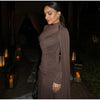 Elegant Slim Fit Pleat Irregular Long Dress Women Long Sleeve Turtleneck Patchwork Robes Chic Party Banquet Wear