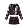 PU Leather Women Coat Skirt Suits Button Long Sleeve Lapel Female Jacket Sets Autumn Bodycon Mini Skirts 2 Pieces Outfits