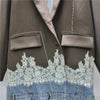 Spring Denim Patchwork Contrasting Color Lace Blazer Long-sleeved Women Oversize Loose Casual Suit