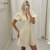 Vintage Sexy Deep V Puff Sleeve Button Ribbed Mini Dress High Waist Cinched Waist A Line Flared Dresses Sweet Casual Date Women