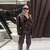 Leather Women's Pants Sets Chic Laple Single Breasted Long Sleeve Jackets Elastic Waist Straight Pants Suit Lady Outfits