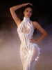 Sexy Mesh See Through Long Dress Women Elegant White Pearls Sequins Birthday Evening Celebrate Party Nightclub Show Stage Wear
