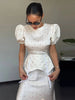 Women's White Floral Print Puff Sleeve Dress With Waistband Satin Ruffled Hem Maxi Dress Lady Elegant Party Robes