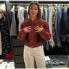Suede Knit Patchwork Short Jacket Stand Collar Gold Single Button Long Sleeve Coat Female Spring Casual Daily Streetwear
