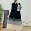 Striped Contrast Color Pleated Dress Women Lapel Flare Sleeves Single Breasted Loose Long Dresses Spring 2AA4365