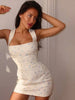 Women's White Floral Print Wide-strap Cami Dress With Waistband Satin Bodycon Mini Dresses Lady Elegant Party Robes