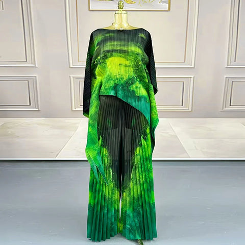 Niche Chic Printting Pleated Women's Two Pieces Set Irregular Pullover Top And Elastic Waist Wide Leg Pants 2DB3867