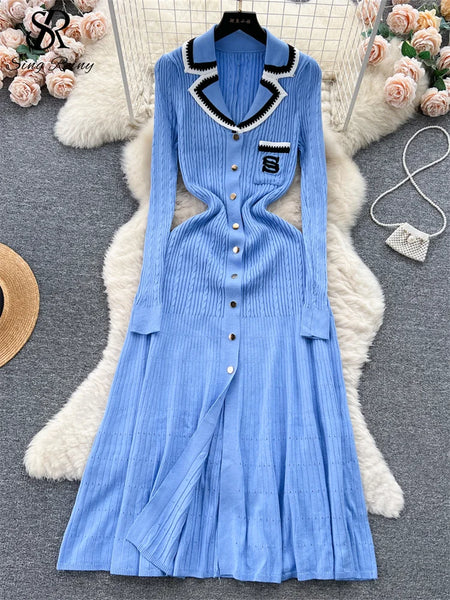 Autumn Winter Wear Dress Women Polo Single Breasted Pocket Design Bodycon Knitting Temperament Sweater Long Dresses