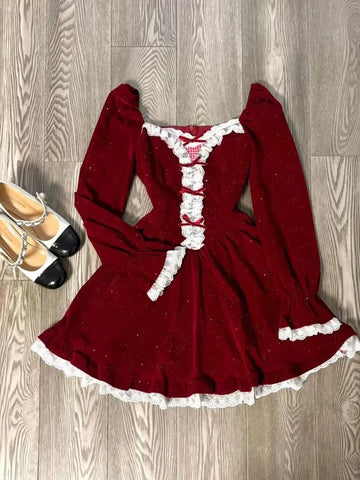 Autumn Winter Red Velvet Square Neck Dress Women Chic A-Line Princess Dress Sweet Elegant Style Christmas Year Party Clothes
