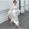 Women Pant Set Satin Lace Round Neck Puff Long Sleeve Button Front Drawstring Waist Blouse Cuffed Ruffle Hem Pants Elegant Suit