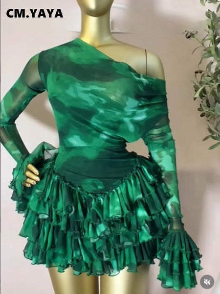Women Tie Dye Printed Tiered Ruffles Pile Neck Bell Long Sleeve Smock Mini Dress Vacation Vestidos Dresses