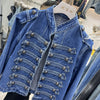 Women Vintage Denim Military Jacket Retro Solid Round Neck Single Breasted Slim Short Jackets Lady Daily Street Outerwear