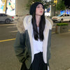 American Hip Hop Faux Fur Collar Winter Jacket Women Y2K Down Cotton Hooded Jacket Loose Vintage Motorcycle Cotton-Padded Coat