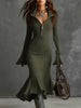 European American Trumpet Dresses Women Solid Autumn Winter Zipper Lapel Flared Sleeve Knitted Fishtail Dress Slim Fit Vestidos