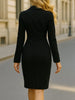 Womens Elegant Notched Long Sleeve Work Office Knee Length Black Business Casual Party Button Pencil Bodycon Sheath Dress