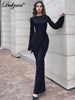 Autumn Elegant O-Neck Long Flare Sleeve Ruched Slim Fit Ribbon Long Dress Women'S Solid Casual Party Club Outfit