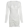 Chic Knot Dress Women V-Neck Long Sleeve Ruched Ruffled Hem Skinny Solid Elegant Birthday Simple Classic Mini Bodycon