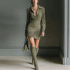 Spring Retro Imitation Suede Tassels Party Dress Woman Sexy Lapel Draped Irregular Dress Autumn Long Sleeve Slim Mini Dress