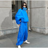 Women Solid Zip Up Two Piece Set High Neck Loose Jacket Wide Leg Track Pants Spring Autumn Casaual Hip Hop Outfit