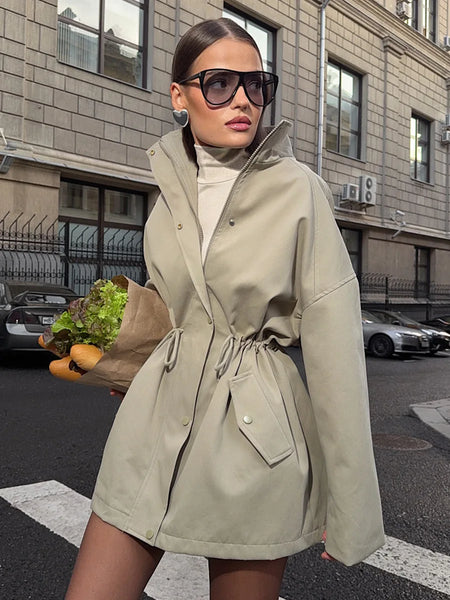 Women's Stand Collar Mid Length Trench Coat Drawstring Waist Autumn Winter Coats Cotton Outer Jacket