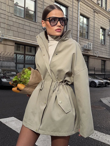 Women's Stand Collar Mid Length Trench Coat Drawstring Waist Autumn Winter Coats Cotton Outer Jacket