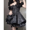 Japan Vintage Gothic Lolita Dress Women Black Square Puff Sleeve Jacquard Design Party Dresses Female A-line Cute Bow Mini Dress