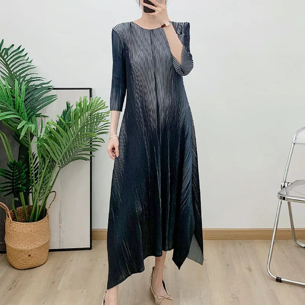 Gradient Pleated Dress For Women Round Neck Loose Casual Style Irregular Hem Female Clothes 2DB2221