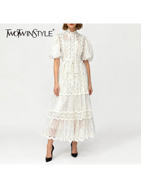 Dot Print Sheer Dress for Women Stand Collar Puff Sleeve High Waist Patchwork Lace Up Elegant Casual Dresses Female