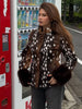 Women Leopard Print Stand Collar Waist Cinched Faux Fur Short Coat Fluffy Cuff Outerwear Winter Ladies Warm Furry Jacket