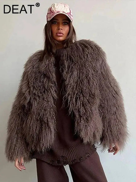 Brown Faux Fur Coat Women's Round Neck Loose Long Sleeves Thick Plush Short Jacket Winter 7A1041
