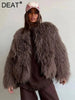 Brown Faux Fur Coat Women's Round Neck Loose Long Sleeves Thick Plush Short Jacket Winter 7A1041