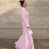 Elegant Pink Irregular Pleated Maxi Dress Women O-Neck Long Sleeve Ruched Slim Long Dress Wedding Guest Evening Party Robes