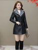 Womens Leather Windbreaker Plus Velvet Thick PU Leather Cotton Coat Long Suit Collar Large Size Warm Leather Jackets