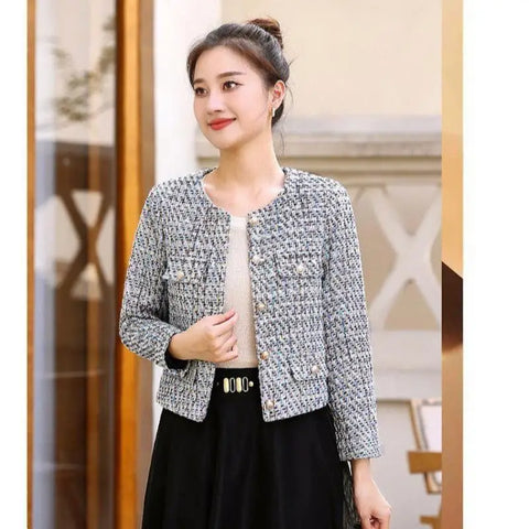 casual Women Korean Sweet Tweed Jacket Simple Long Sleeve Coat Elegant Slim Female Chic O Neck Open Stitch Outwear