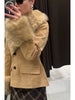 Women Vintage Floral Jacquard Faux Fur Trim Jacket V Neck Single Button Furry Cuff Cropped Coats Vintage Winter Warm Party Coat