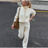 Casual Solid Knit Top Pants Set Women Stand Collar Full Sleeve Sweater Wide Leg Trousers Sets Autumn Lady Suit