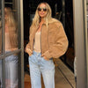 Solid Single Breasted Suede Short Jacket Women Full Sleeve Buckle Lapel Slim Shoulder Pad Coat Lady High Street Wear