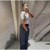 Stripe Pleated Wide Leg Pants For Women Elegant Pockets High Waist Long Trousers Autumn Lady High Street Chic Pants