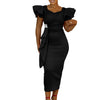 Women Short Ruffles Sleeve O-neck Ribbon Bodycon Midi Dress Street Africa OL Evening Sexy Party Dresses Vestido