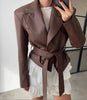 Burgundy PU Jacket Women Autumn Slim Lace Up Blazer Top Fall Casual Leather Jackets Coat Femme