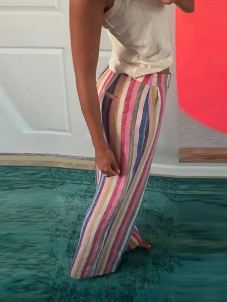 Colorful Striped Wide Leg Trousers Women Bohemian High Waist Multi-color Panelled Slim Straight Pants Lady Beachwear
