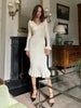 Ruffled Patchwork Knit Maxi Dress For Women Elegant Ribbed Long Sleeve Party Dress Gown Slim Knitwear Long Dress