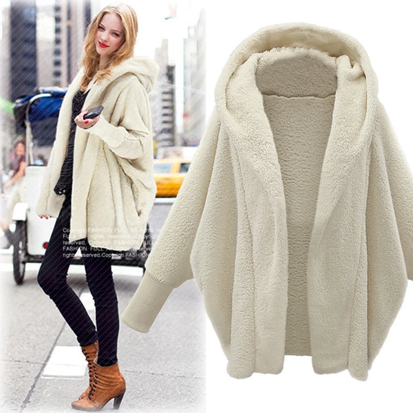 Autumn and Winter Plush Jacket for European and American Women, Solid Color Long Sleeved Hooded Loose Plush Jacket for Women