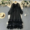 Autumn Dress For Women Fashinon Chiffon Long Sleeved Artificial Feathers Elegant Female Dresses 5R9799