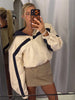 Women Color Block Jacket Casual Half Zip Collar Navy Striped Oversize Long Sleeve Sport Jackets Autumn Chic Street Wear