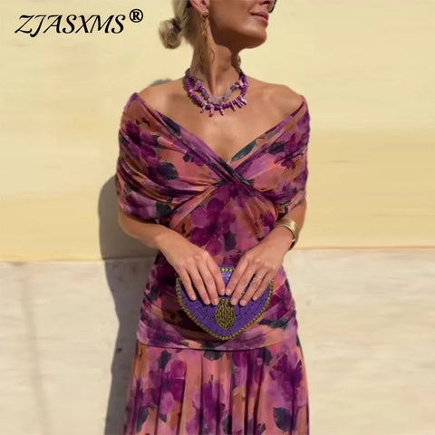 Elegant Woman Clothing Boho Floral Print High Waist Pleated Dress Low Chest Batwing Sleeve Swing Party Cocktail A-Line Dress