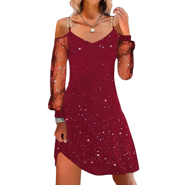 Women Elegant Christmas Maxi Dress Sexy Cold Shoulder Long Sleeve Sequin Slim Fit Vestido Aline Bodycone Suspender Dresses
